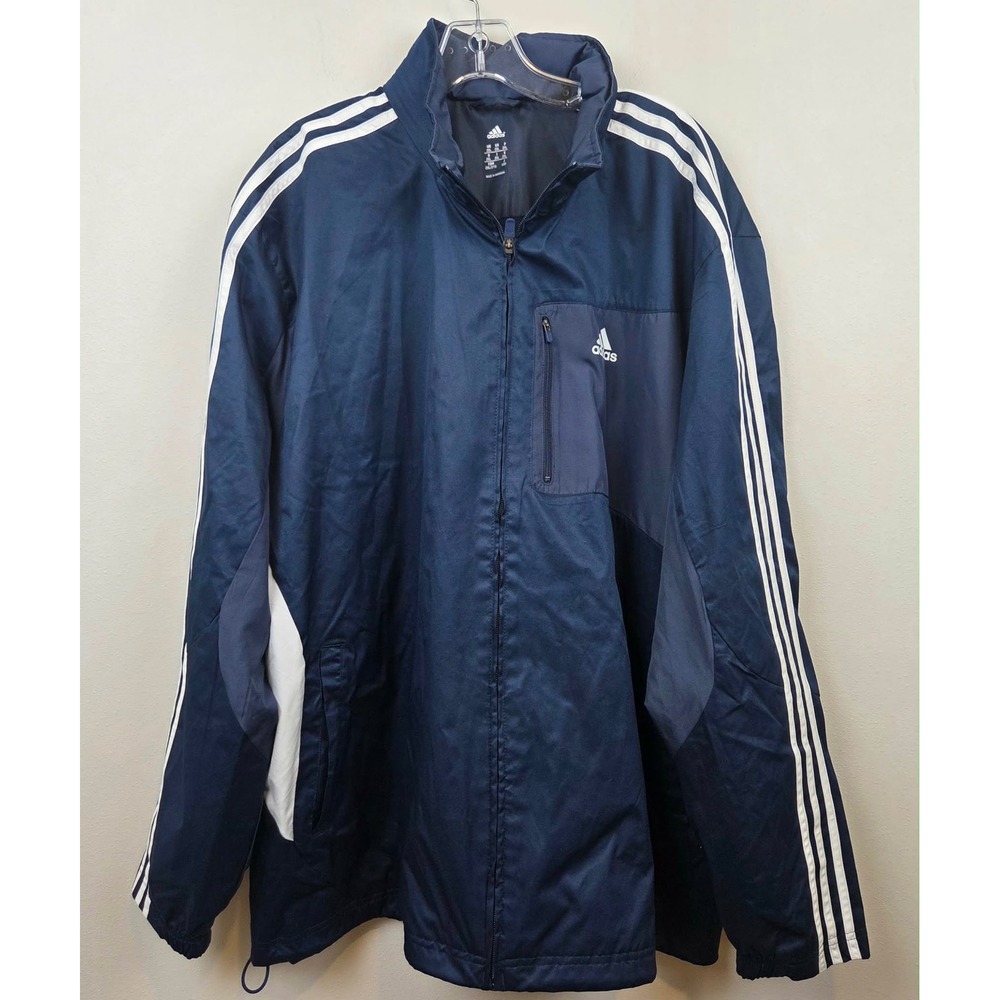 Adidas Mens Navy Blue Full Zip Track Jacket Windbreaker Hooded 3-Stripe Size 2XL - Picture 4 of 16